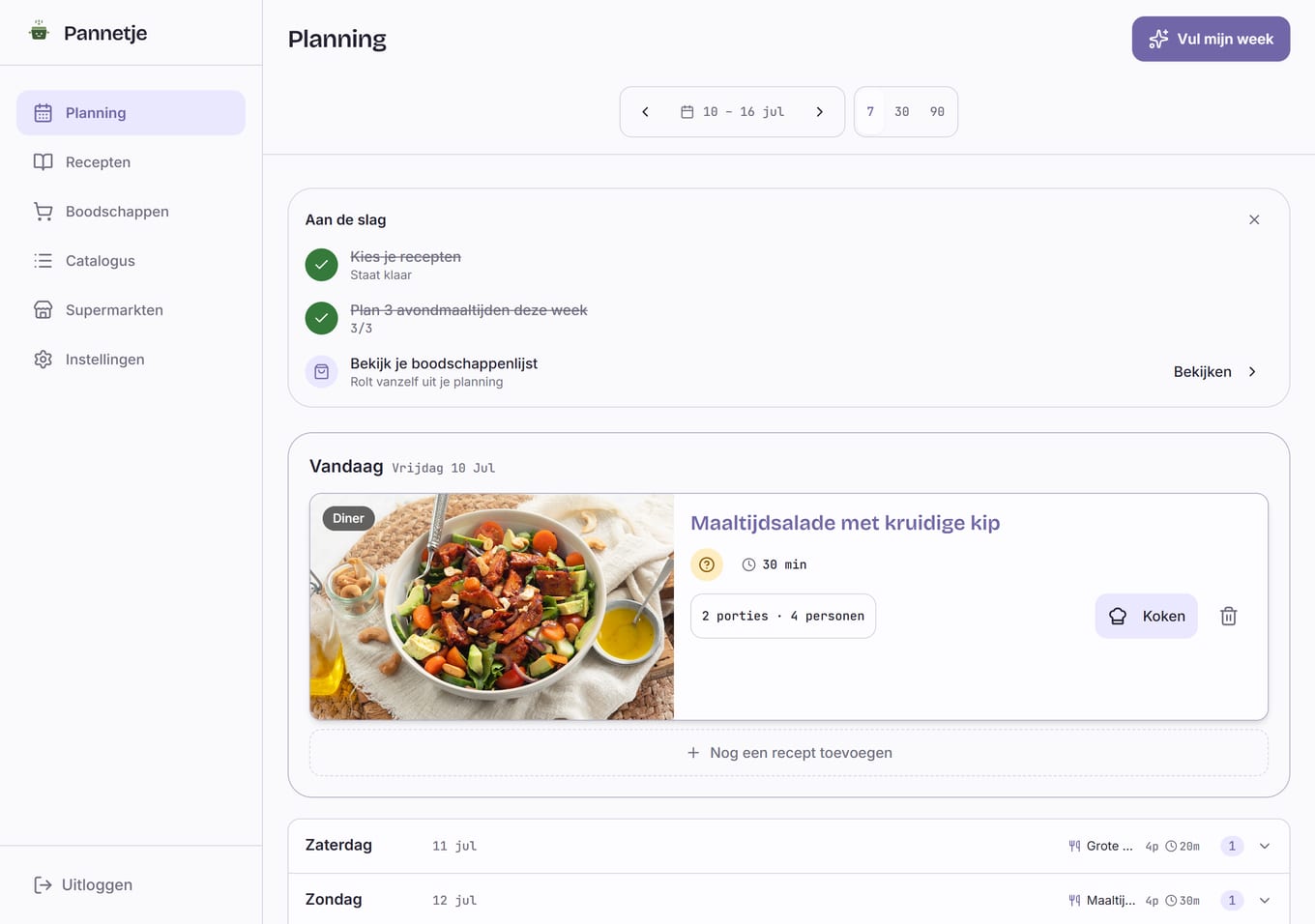 Pannetje op desktop: de weekplanning met de maaltijd van vandaag